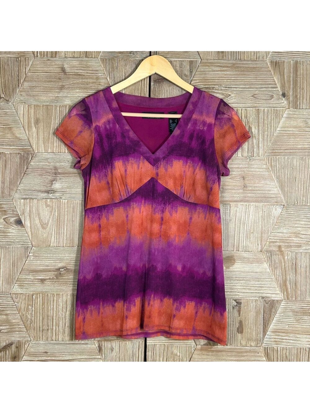 Axcess by Liz Claiborne Purple Orange Tie-Dye V-Neck Short Sleeve Top Small Y2K